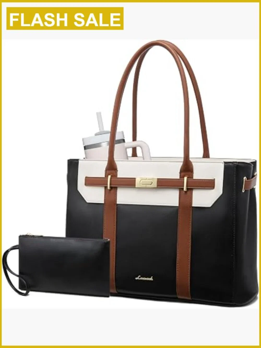 2-in-1 Laptop Tote Bag with Large Cup Holder, 15.6 inch Waterproof Leather Work